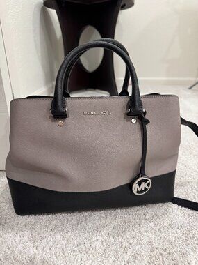Michael Kors Saffiano Leather Satchel Two-Tone Black & Gray Crossbody Purse